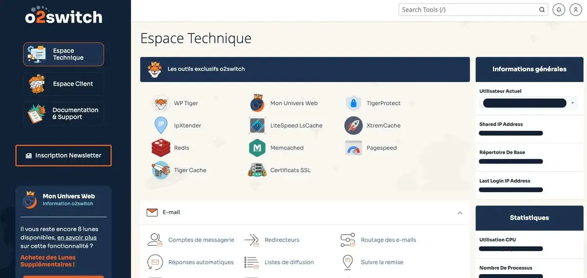 Espace technique du cPanel d’o2switch