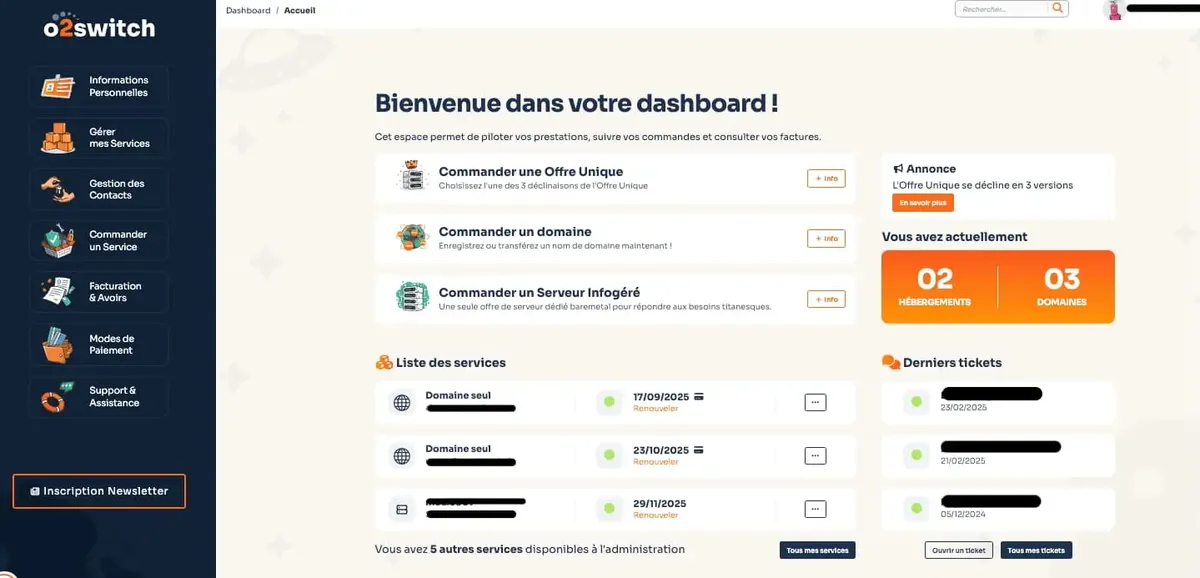 Tableau de bord de l’espace client o2switch
